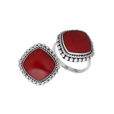 Handcrafted Sterling Silver ring with Red Coral and Balinese beaded rope design